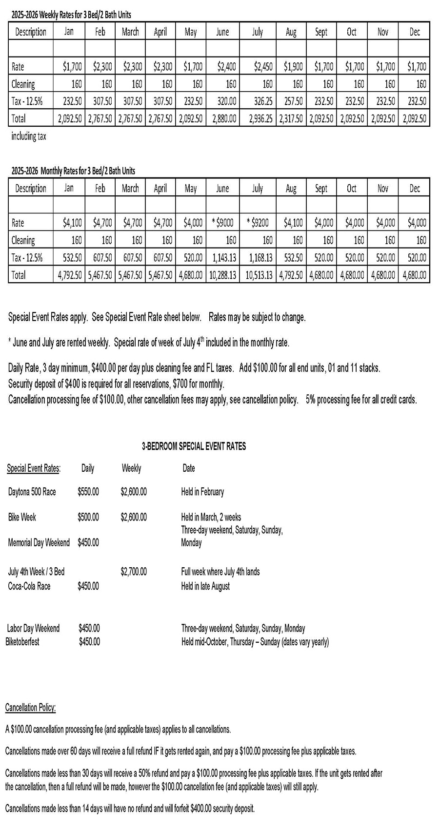 Weekly Rates for 3 Bed/2 Bath Units